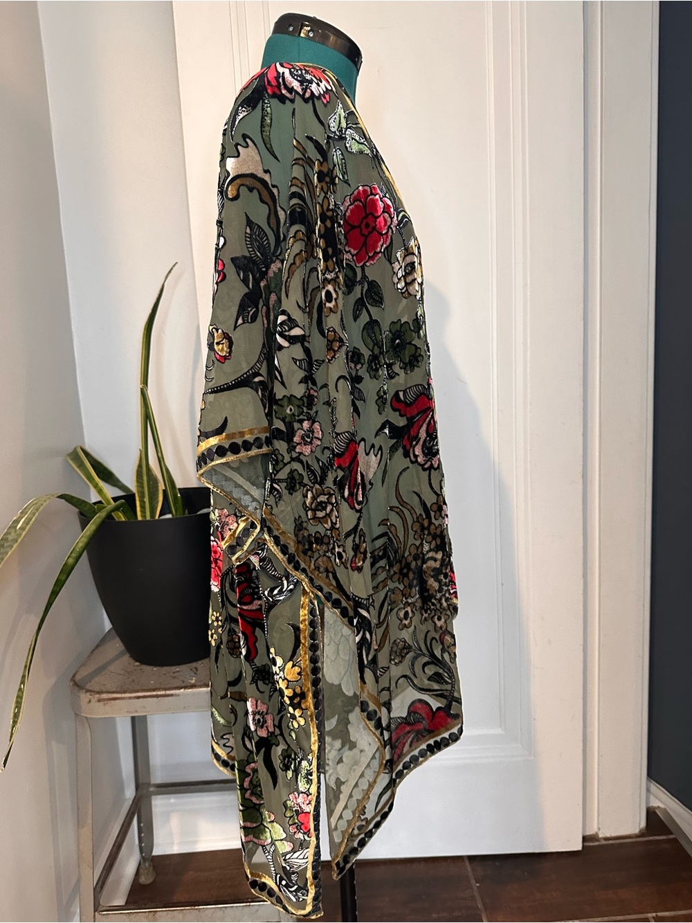 Olive Floral Embroidered Sheer Kimono with Red & Green Accents one size - Picture 3 of 11